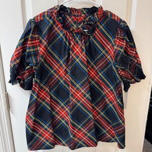 J.Crew Plaid Ruffle-Neck Puff-Sleeve Top – Size XL